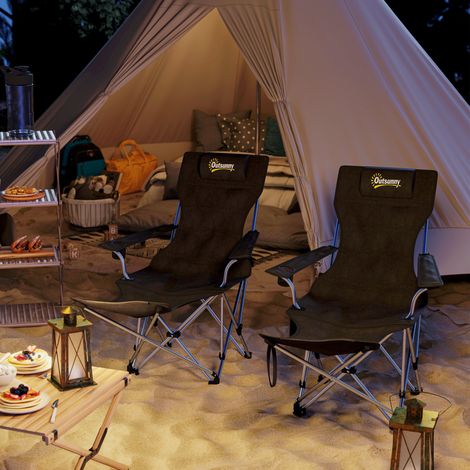 Set aus 2 klappbaren Campingstühlen mit Fußstütze, Aufbewahrungstasche, Getränkehalter und Kopfstütze, schwarz