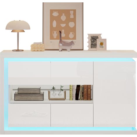 CAIziBuffet de salon 140 x 40 x 84 cm, commode moderne à 4 compartiments, largeur 140 cm, meuble d’appoint avec bande lumineuse LED, buffet laqué brillant avec portes en verre trempé, adapté aux coulo