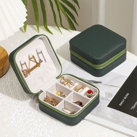 Mini boîte à bijoux de voyage, petit organisateur de bijoux de voyage, boîte à bijoux portable, mini organisateur de voyage, présentoir portable(vert foncé)