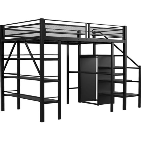 Hochbett 140 x 200 cm aus schwarzem Metall mit Schreibtisch, Schrank, Regalen und Treppe (1/5)