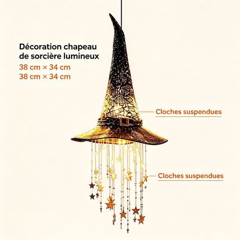 Chapeau de sorcière lumineux à suspendre avec cloches, accessoire déco Halloween, guirlande lumineuse décorative - Violet (1/5)