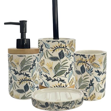 Ensemble d'accessoires de salle de bain 4 pièces en céramique – Motifs floraux colorés – Distributeur, porte-brosse, gobelet, porte-savon – Guy Levasseur