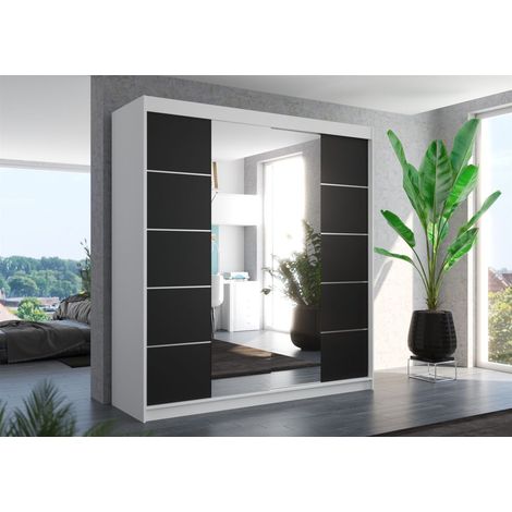 Schiebetürenschrank Schrank Nr.430 in Weiß- Schwarz matt- Spiegel 200x215x58 cm (1/3)