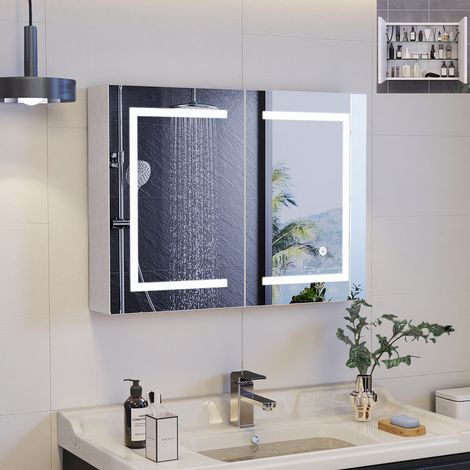 Armoire Miroir de Salle de Bain, 80x60x14cm, Éclairage LED, Double Porte, Prise & Étagère Réglable, Couleur Réglable, MDF Verre HD, Blanc (1/5)