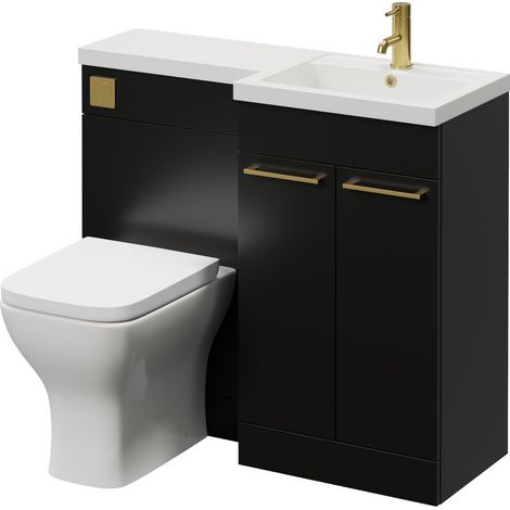 Napoli 390 Matt Black 1000mm 2 Door Vanity Unit Toilet Suite with Right Hand Square Lucia Basin - 1000mm - Brushed Brass 160mm HandleWith Kingston Toilet Pan and Seat