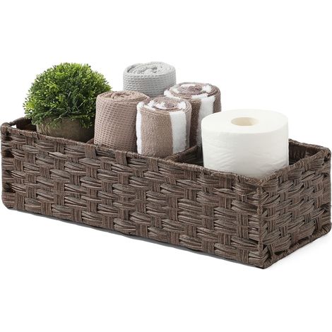 Toilet Tank Topper Paper Basket - Multiuse Hand Woven Plastic Wicker Basket with Divider for Organizing, Rustic Farmhouse Bathroom Decor, Countertop Organizer Storage, Brown (1/4)