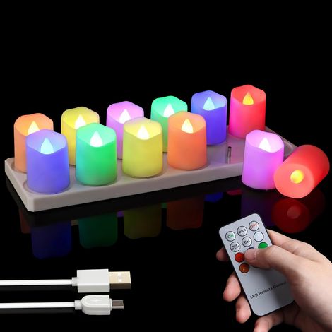 Lot de 12 Bougies LED Rechargeables - Multicolores avec Télécommande - Effet Flamme Vacillante - Pour Intérieur et Fêtes - Ø 4 x 4,5 cm (1/5)