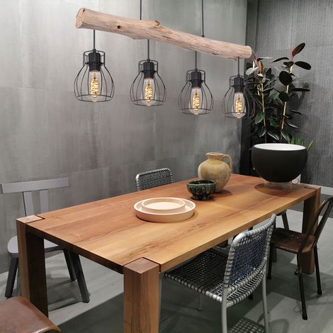 Etc-Shop – Suspension en bois naturel avec abat-jour en treillis – 4 flammes E27 max 40W – Longueur 82,5cm – Métal noir et bois (1/5)