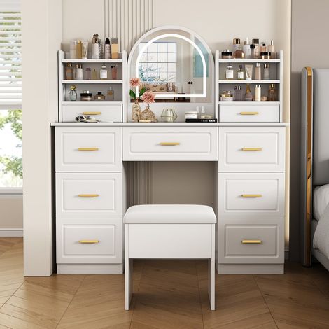 Coiffeuse avec miroir LED – Table de maquillage 9 tiroirs – Blanc – 120 × 40 × 135 cm – Pour chambre, salon ou dressing – Rangement beauté et élégance