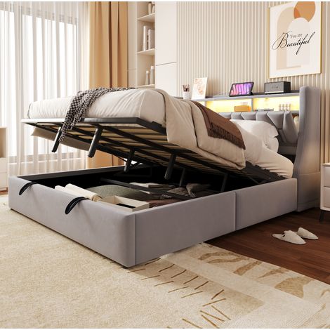 Etagenbett 180/200 cm aus Samt mit Stauraum, LED und multifunktionalem Kopfteil (1/5)