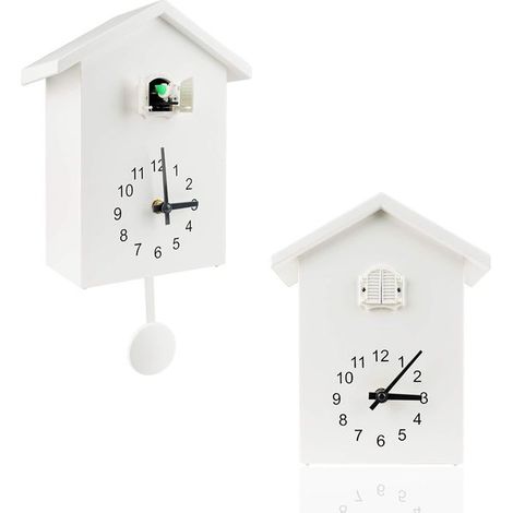 Kuckucksuhr, Wanduhr mit Kuckucksruf, Design-Pendeluhr, Vogelhaus, Wanddekoration für Wohnzimmer, Küche und Büro (Weiß) (1/5)