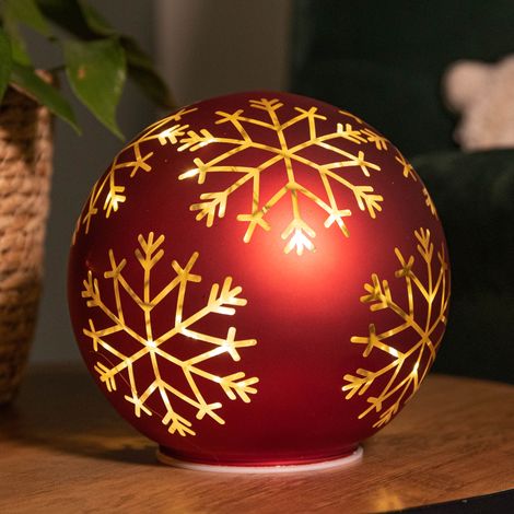 15cm Battery Operated Light up Snowflake Glass Ball in Red with Warm White LEDs (1/5)
