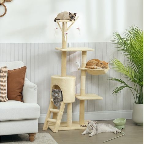 Arbre à chat 60x35x134 cm en bois beige, gain de place pour salon, avec jouets FloraGrace (1/5)