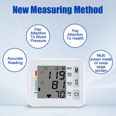 Misuratore elettronico di pressione sanguigna da polso con rilevamento di aritmie, schermo LCD retroilluminato, guida vocale intelligente, doppio utente, memoria 2x99 - ALTRO (1/2)