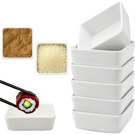 6 Bols, Céramique, Carrés, 8,2x8,2x3cm, Blanc, Sauce, Sushi, Condiments, Restaurant