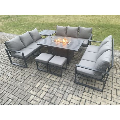 Fimous Aluminium 11 Seater Garden Furniture Outdoor Set Patio Lounge Sofa Gas Fire Pit Dining Table Set with 2 Small Footstools Side Table Dark Grey (1/5)
