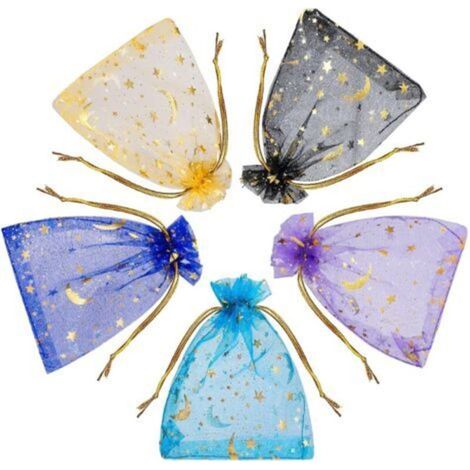 100 Pieces Organza Bags, 9 x 12cm Mixed Color Organza Pouches with Star and Moon Pattern, Gifts, Jewelry, Everyday Use, Gold Line Ribbon, Candy Bags for Festivals (1/4)