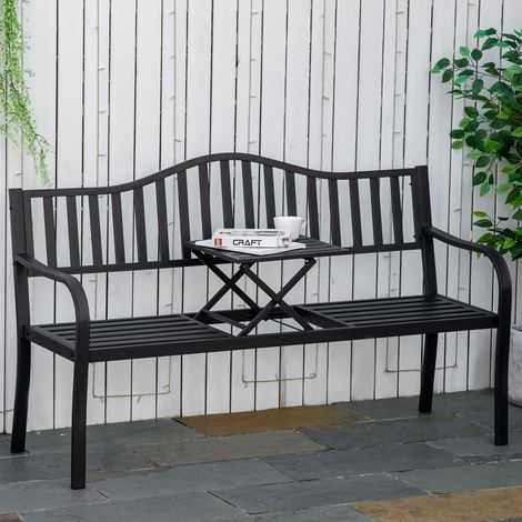 Banc de jardin 2 places avec table extensible - structure métallique robuste - noir - 150x58,5x90 cm - capacité 240 kg - Idéal
