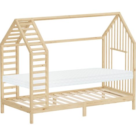 ML-Design Letto Montessori per bambini a casetta con materasso 90x200 cm lettino singolo per bambine con rete a doghe tetto e finestra, struttura in legno massiccio di pino, per cameretta, naturale (1/5)