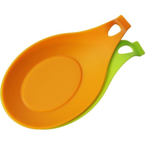 Repose-cuillères de cuisine - Lot de 2 supports en silicone pour pinces, spatules et louches - Ustensile de cuisine - vert-orange