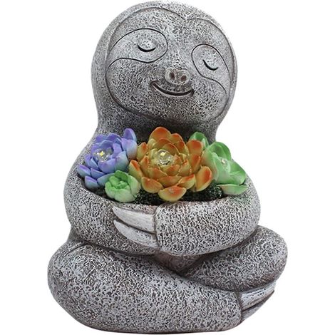 Statue de paresseux, sculpture de paresseux avec plante grasse Ornement animal en résine avec lumières solaires pour la décoration du jardin, de la pelouse ou de la cour, cadeau de pendaison de créma (1/4)