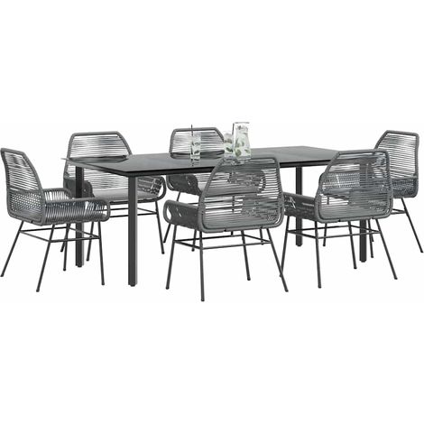 Ensemble à manger jardin coussins 7 pcs-Salon de jardin gris poly rotin verre 387182 (1/5)