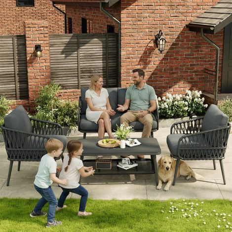 4 Seater Garden Furniture Set with Storage Coffee Table Handwoven Polyester Rope Outdoor Sofa Set with 2 Armchairs Weatherproof Patio Furniture with High-Density Cushions for Balcony & Terrace, Grey (1/5)