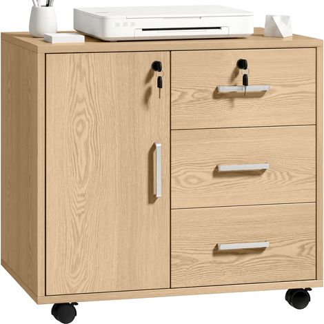Abschließbarer Bürocontainer mit 3 Schubladen, verstellbarem Einlegeboden, Rollen, 40 x 60 x 56 cm, helles Holz (1/5)
