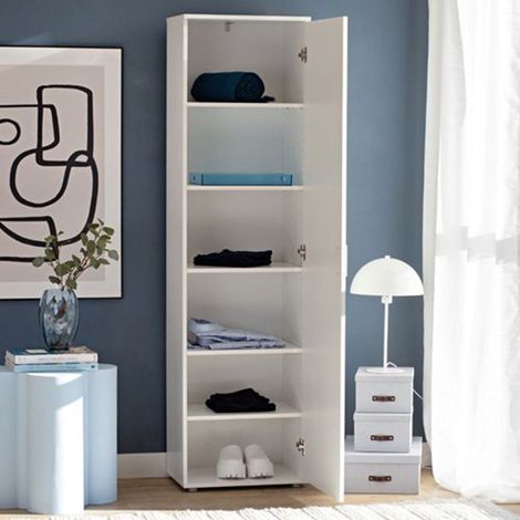 Mehrzweckschrank 1-türig Lerosota, 5 Regale, eine Tür, 6 Fächer, 50x185h cm Weiß (1/4)