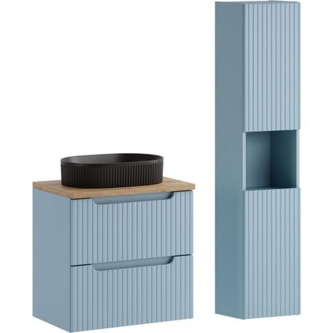 Insieme VANO blu denim e rovere chiaro 90cm: mobile sottolavabo con cassetti + piano per lavabo + lavabo da appoggio nero + colonna