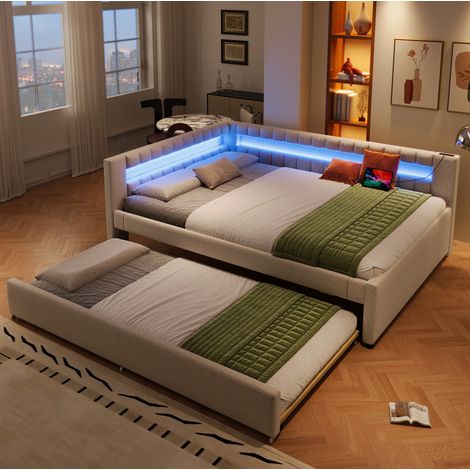 Letto daybed moderno in lino beige 140x200 cm con letto estraibile 90x190, LED, USB e Type-C (1/5)