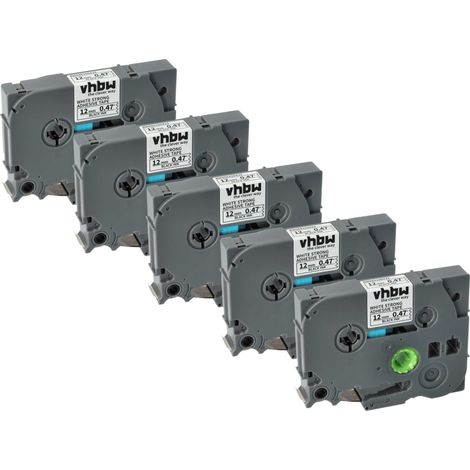 vhbw 5x Label Tape compatible with Brother PT P900W, P950NW, P900NW Label Printer 8m x 12 mm, Black on White, plastic, Extra Strong, Laminated (1/4)