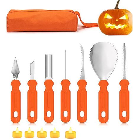 Halloween-Kürbisschnitzset, 7-teiliges Schnitzwerkzeug aus Edelstahl mit 5 LED-Kerzen, für Erwachsene und Kinder (1/5)