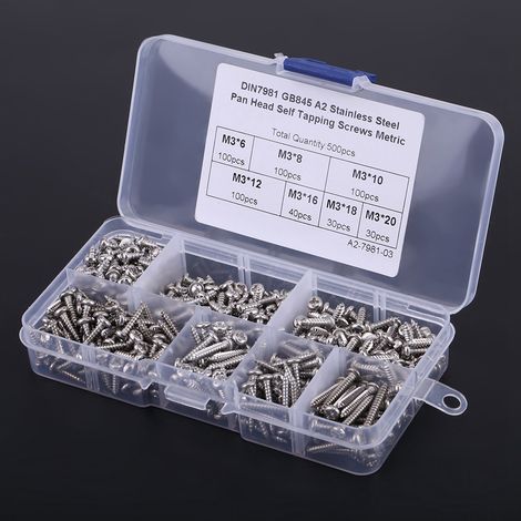 Assortiment de 500 vis autotaraudeuses à tête bombée cruciforme M3 en acier inoxydable 304 (1/5)
