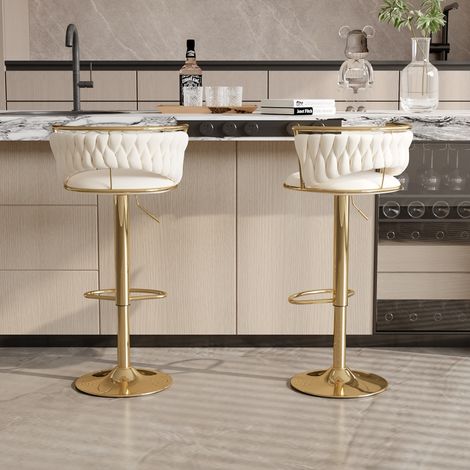 Barhocker 2er-Set mit geflochtener Komfort-Rückenlehne, höhenverstellbar, gepolsterter Sitz, 360° drehbare Barhocker, geeignet für Küche, Bar, Kneipe, Beige (1/5)