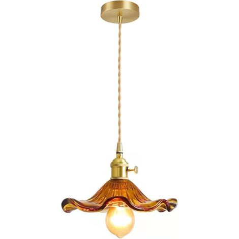 Suspension avec abat-jour en verre en forme de feuille de lotus style industriel E27 lampe suspendue de plafond salle à manger îlot de cuisine lustre Ambre (1/4)