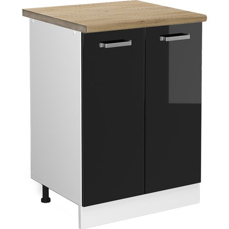 Meuble bas de cuisine R-Line, Noir Haute brillance, 60 cm, PT Chêne, Vicco