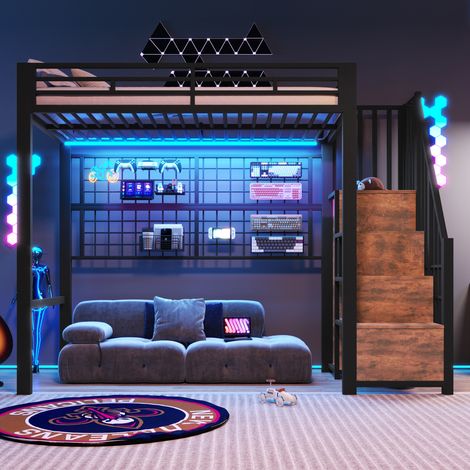 Cama alta 90x200 cm con armario-escalera y rejilla de almacenamiento, en metal, negro, sin colchón (1/5)