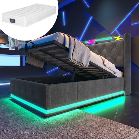Letto singolo imbottito, funzione LED surround a 360°, controllo tramite pulsante/app/telecomando, 90200 cm, tessuto in lino grigio, letto contenitore idraulico, testiera imbottita con funzione di ric