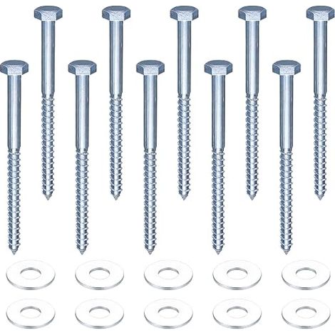 10 Pcs M10 Tirefond à Bois, Vis à Tête Hexagonale, Vis Tire-fond Autotaraudeuses avec Rondelles pour Support TV Terrasse (M10 x 140 mm) (1/5)
