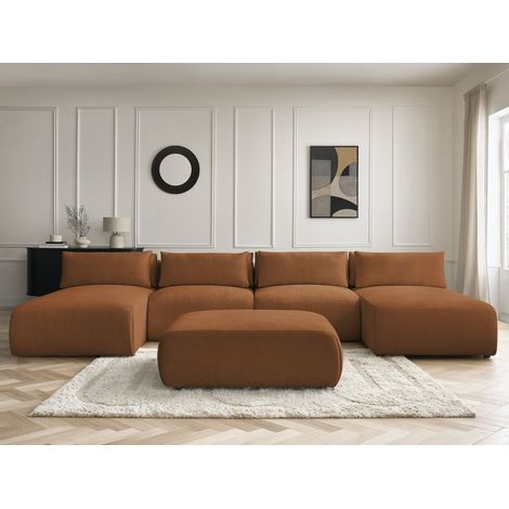 BOBOCHIC - Canapé panoramique fixe modulable avec têtières JANA tissu chiné avec 2 méridiennes, 2 chauffeuses et 1 grand pouf   Orange (1/5)
