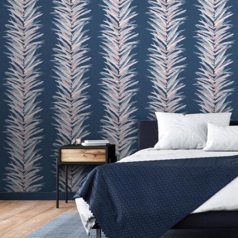 Muriva Dhara Leaf Wallpaper Exotic Palm Leaves Stripes Brush Marks Blue 191503 (1/4)