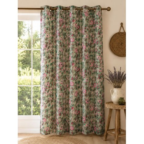 Rideau à Œillets 140 x 240 cm – Polycoton – Motif Floral Vert Sauge – Fabriqué en France - Vert sauge (1/2)