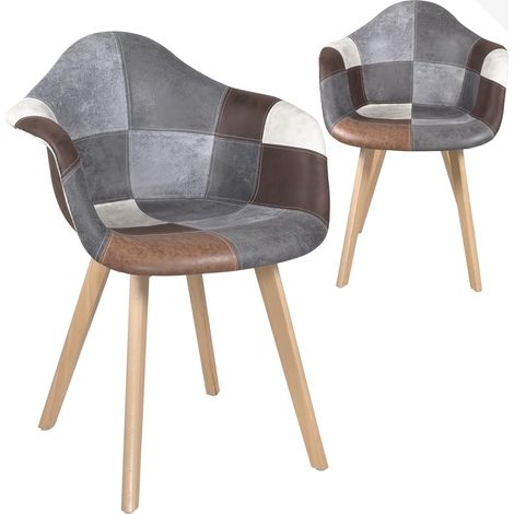 Ensemble de 2 fauteuils scandinaves patchwork multicolores, assise avec accoudoirs, rembourrage en mousse, pieds en bois de hêtre clair NEDA (patchwork marron) (1/5)