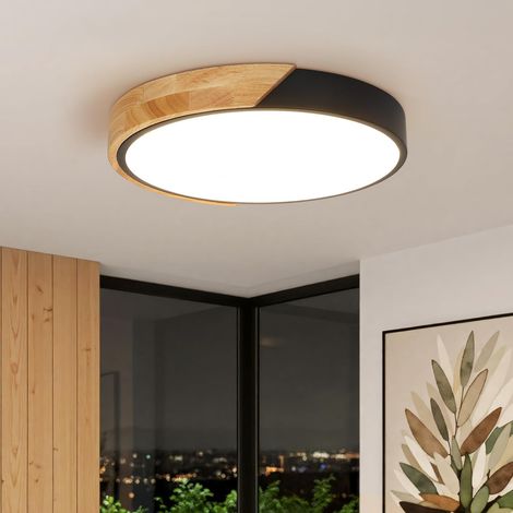 1 Plafonnier LED Rond Bois Noir 24W 4500K Ø30cm Lumière Naturelle Salon Chambre Cuisine