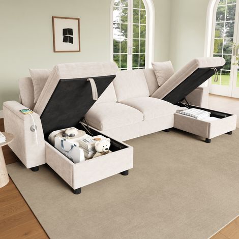 Divano angolare a U in ciniglia beige 279 x 135 x 84 cm con contenitore, USB e Type-C (1/5)
