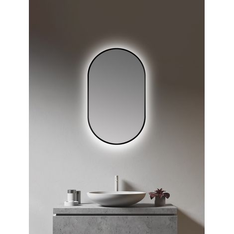 Wandspiegel Talos LED Design Spiegel oval black 45 x 75 cm - Badspiegel mit LED Beleuchtung - Lichtspiegel mit hochwertigem, umlaufenden Aluminiumrahmen in matt schwarz - Badezimmerspiegel (1/4)