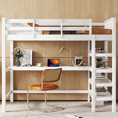 Lit mezzanine enfant 90x200 cm avec bureau et rangements, sommier inclus, sans matelas – Blanc (1/5)