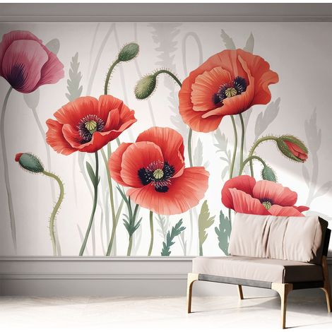 Papier peint autocollant adhésif décoratif avec motifs pour salon et chambre a motif Coquelicots rouges 312x219 cm (1/5)