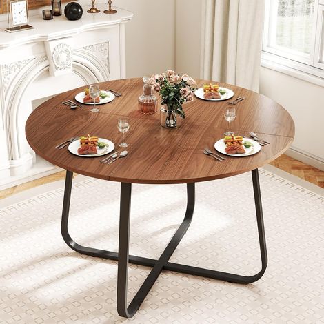 Table de salle à manger ronde 120 cm en bois marron noyer moderne pour cuisine, salon, salle à manger, terrasse, cour, café, bureau et autres endroits (1/5)